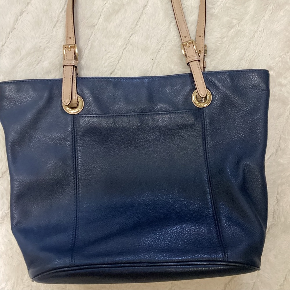 Michael Kors Navy Leather Tote with Tan Straps and Gold Charm - Picture 6 of 11